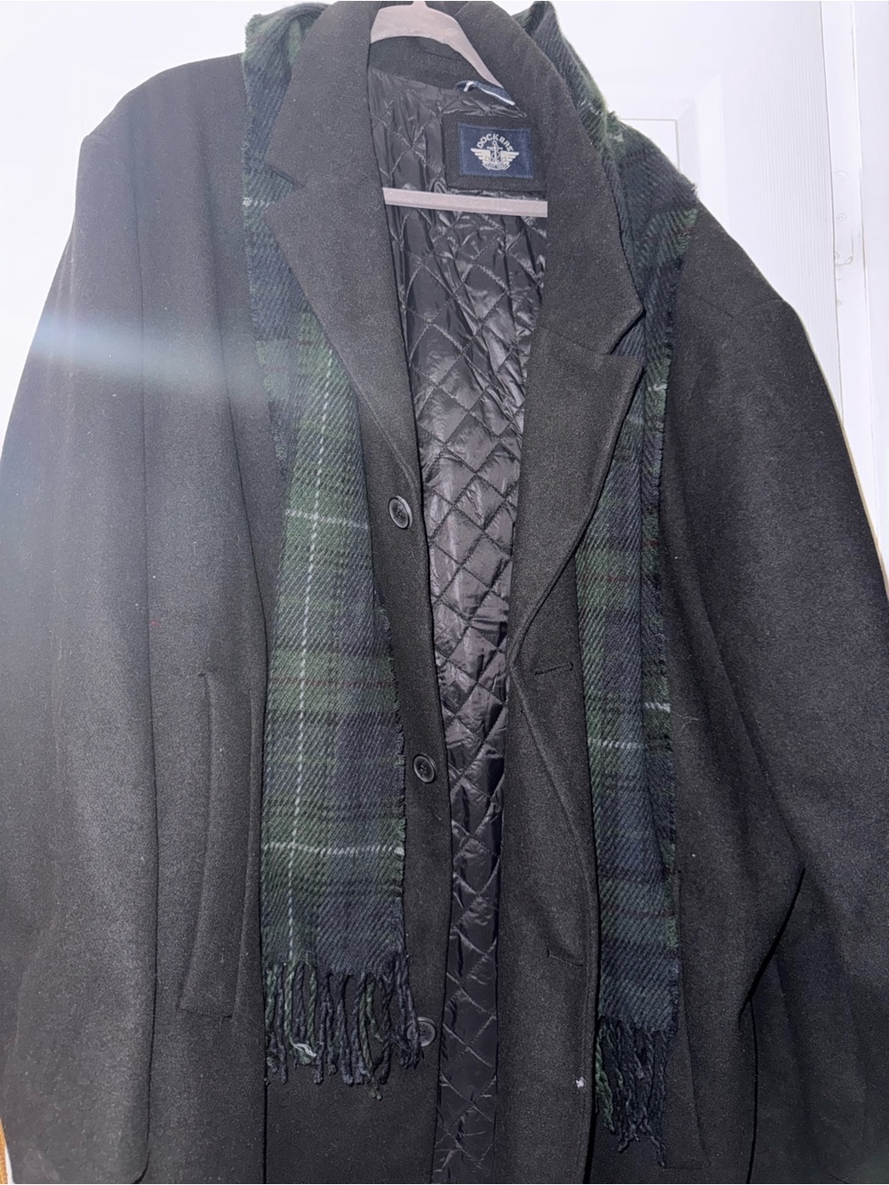 Dockers Black Wool Pea Coat with Green Plaid Scarf